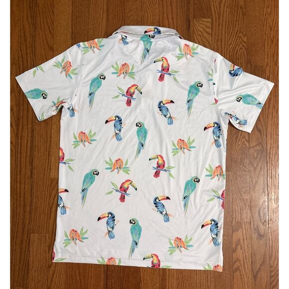 Chubbies "Dude Where's Macaw" Performance Polo Shirt White Birds- Men's Medium - Picture 2 of 5